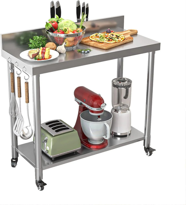 AECOJOY Stainless Steel Table with Backsplash 48"x18" Prep Tables for Commercial Kitchen