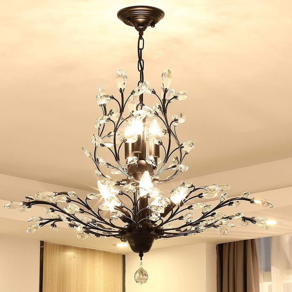 Ganeed Vintage 8 Lights Pendant Light Crystal Chandeliers Adjustable Ceiling Light for Living Room Bedroom Restaurant Porch Hallway - Black