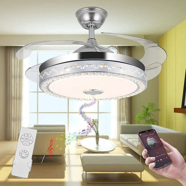 42"invisible Chandelier Ceiling Fan with Light and Bluetooth Speaker, Modern 3 Color Change Crystal Ceiling Fan Light