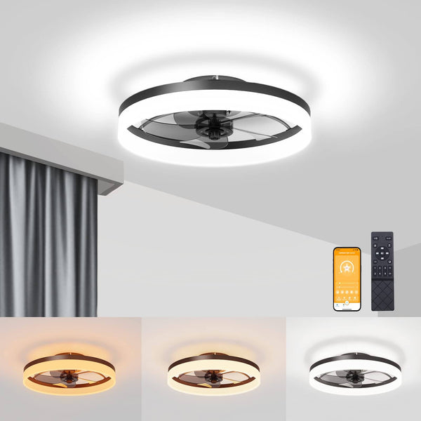 VOLISUN Low Profile Ceiling Fans with Lights and Remote, Fandelier Ceiling Fan Flush Mount 19.7inch, 3000K - 6500K Smart Bladeless LED Fan Light