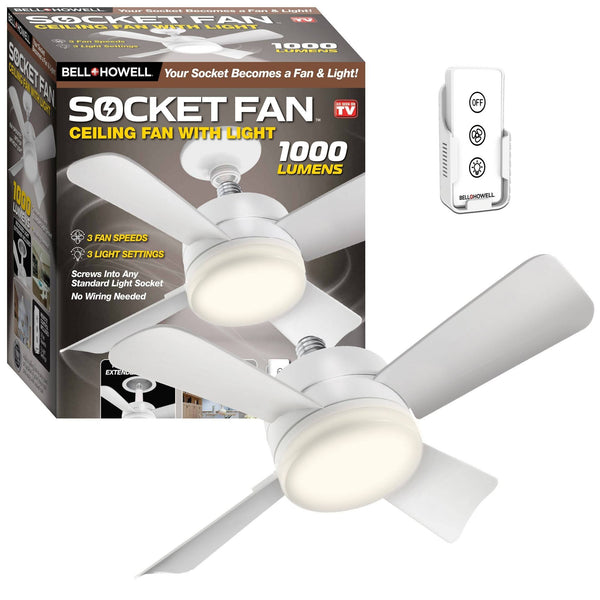 Socket Ceiling Fan with Warm Light and Remote Control 1000 Lumens - Bell + Howell