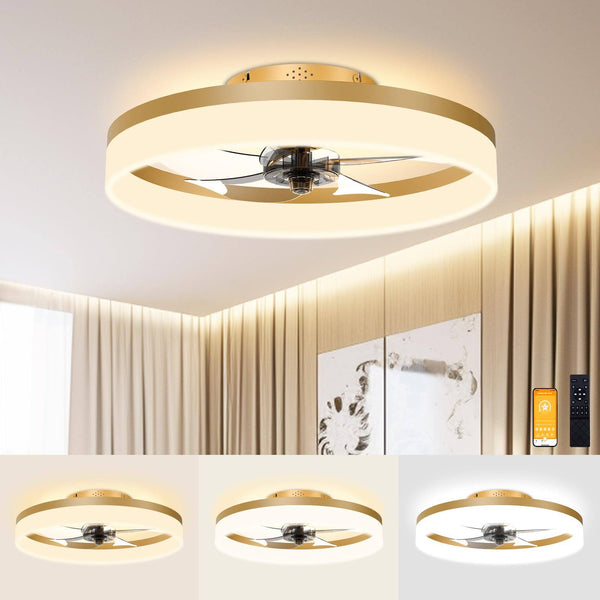 VOLISUN Low Profile Ceiling Fans with Lights and Remote, 19.7in Fandelier Ceiling Fan Flush Mount, 3000K - 6500K Smart Bladeless LED Fan Light, Gold