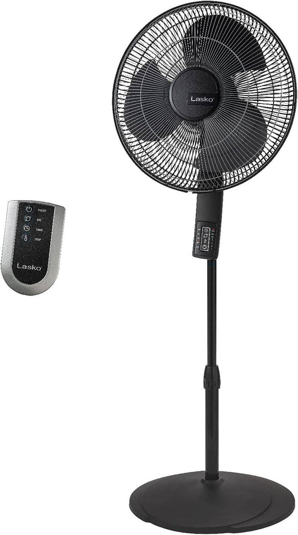 Lasko Oscillating Pedestal Fan, Thermostat, Adjustable Height, Remote Control, Timer, 4 Speeds, for Bedroom, Living Room, Office & Dorm, 16", Black