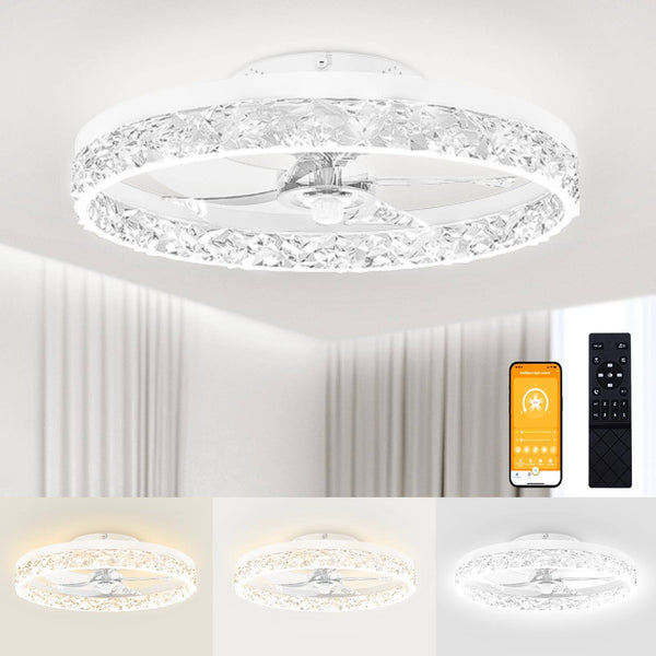 VOLISUN Modern Ceiling Fans with Lights and Remote, 19.7in Low Profile Ceiling Fan Flush Mount, 3000K - 6500K Dimmable Bladeless LED Fan Light, White