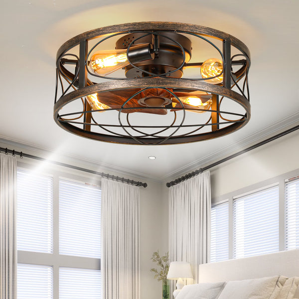 Dextrus 20" Caged Ceiling Fan with Lights and Remote Control, Rustic Farmhouse Flush Mount Design with Reversible DC Motor, 6 Speed Settings