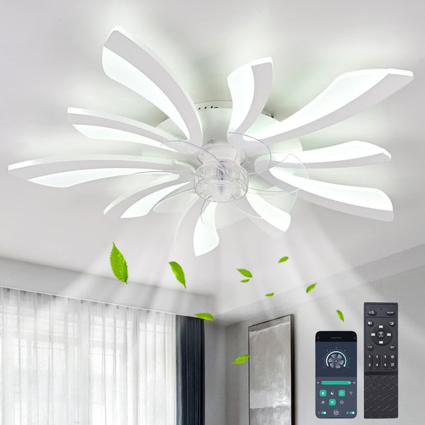 Garwarm Dimmable Ceiling Fan with Light and Remote Control, 27" Small Flush Mounted Ceiling Fan