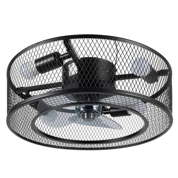 Hallas 18" Caged Ceiling Fan w/ Light Black Iron Metal Round Lamp Chandelier 3 Speeds Williston Forge